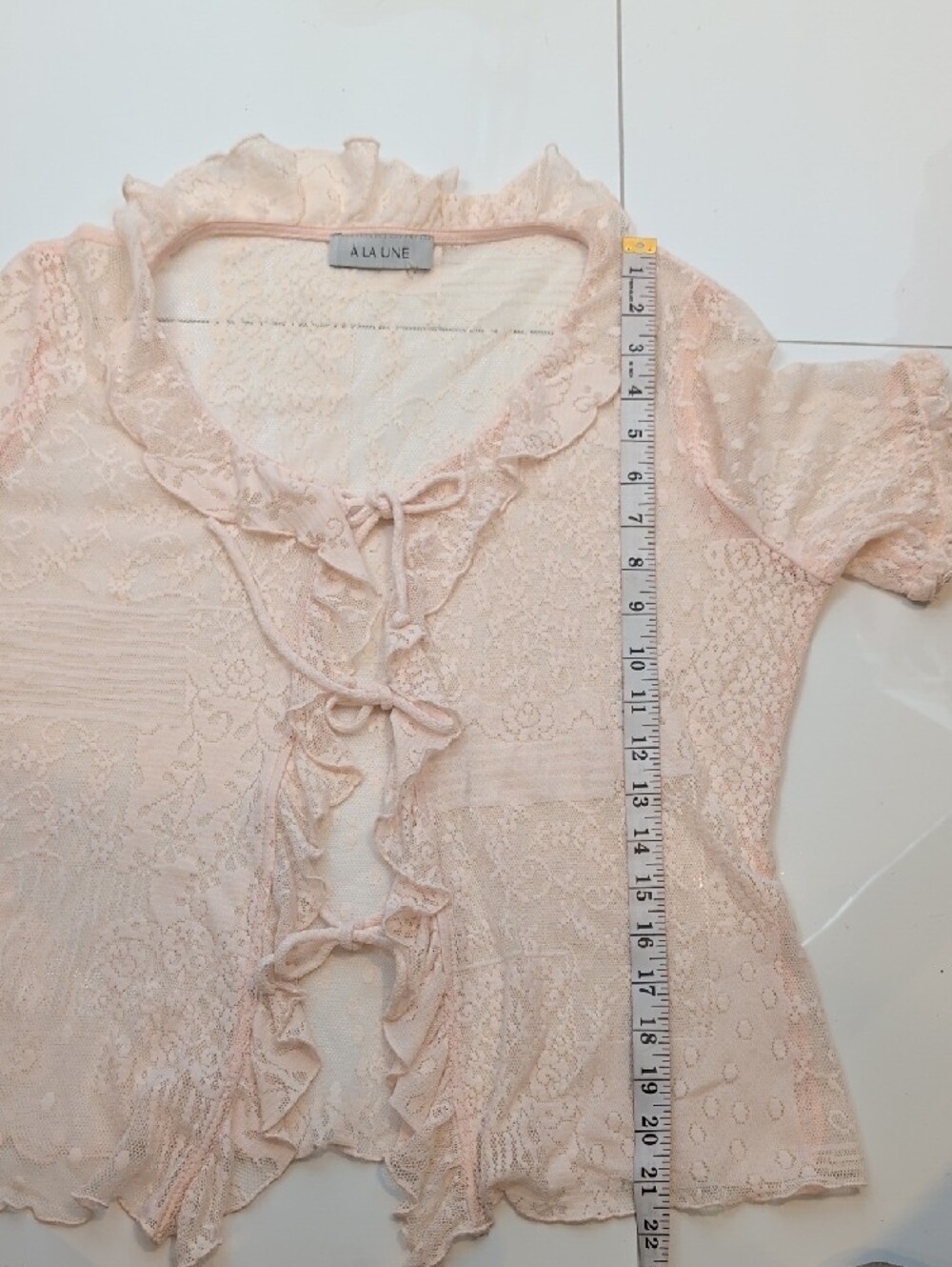 À La Une Pastel Pink Lace Ruffle Tie Front Coquette Cardigan Top Medium - Picture 13 of 15